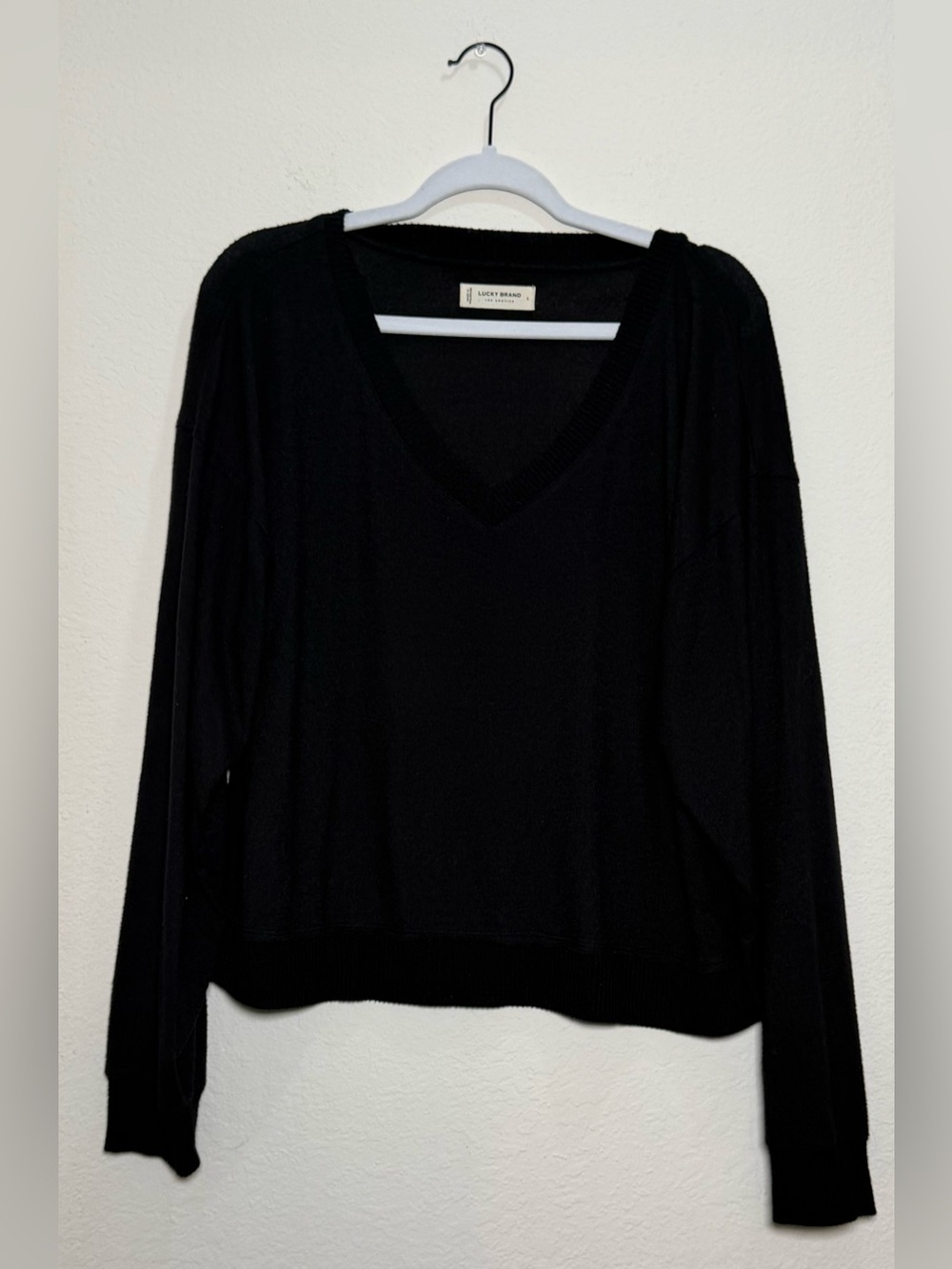 Lucky Brand Black V Neck Long Sleeve Top Large Soft